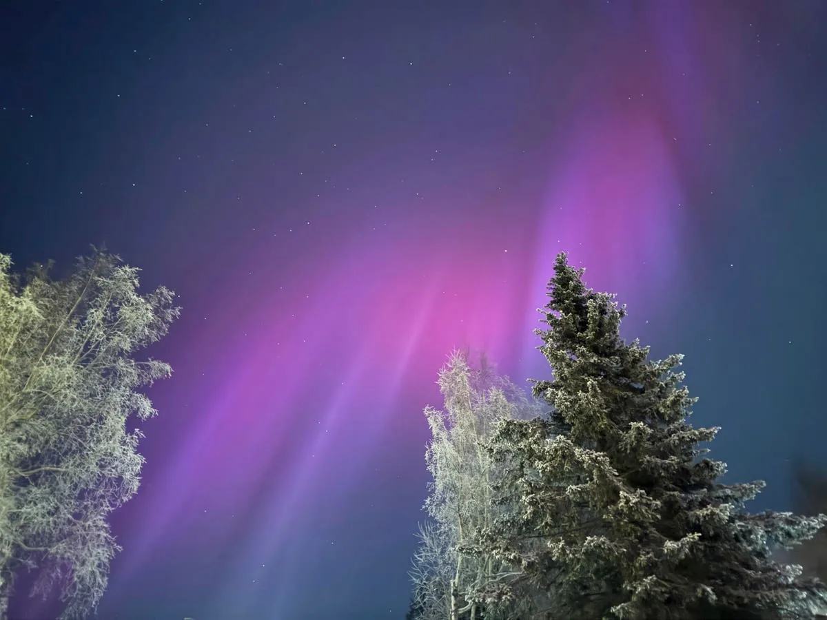 A green aurora arcs across a dark night sky above a snowy landscape